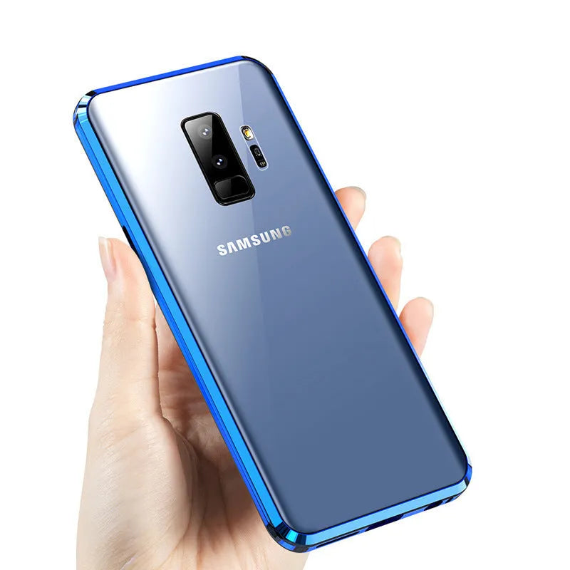 Black clamshell magnetic anti-peeping phone case for Samsung Galaxy phones, shown open and closed.