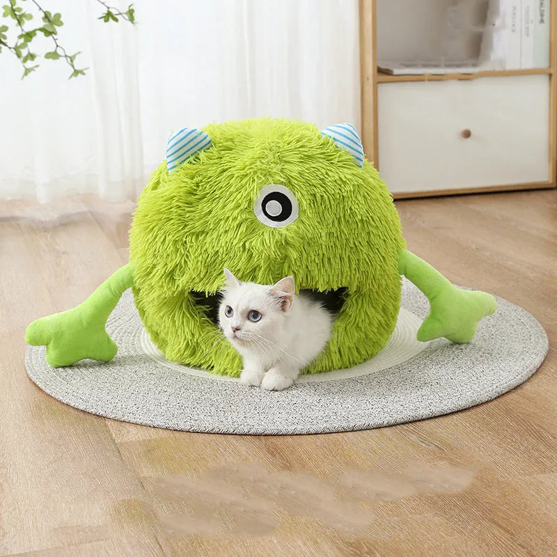 Round fluffy plush cat bed with non-slip bottom in three size options for indoor cats