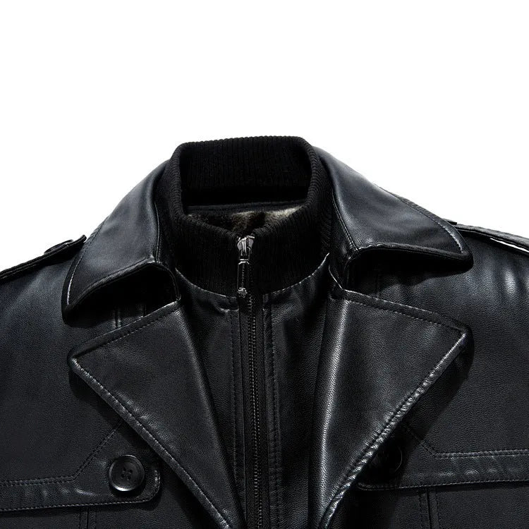 Men's mid-length sheepskin leather jacket in black, suit collar, zip front, colour block pattern