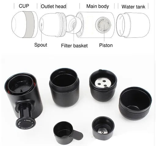 Black portable manual coffee machine measuring 6cm by 17.5cm on a table