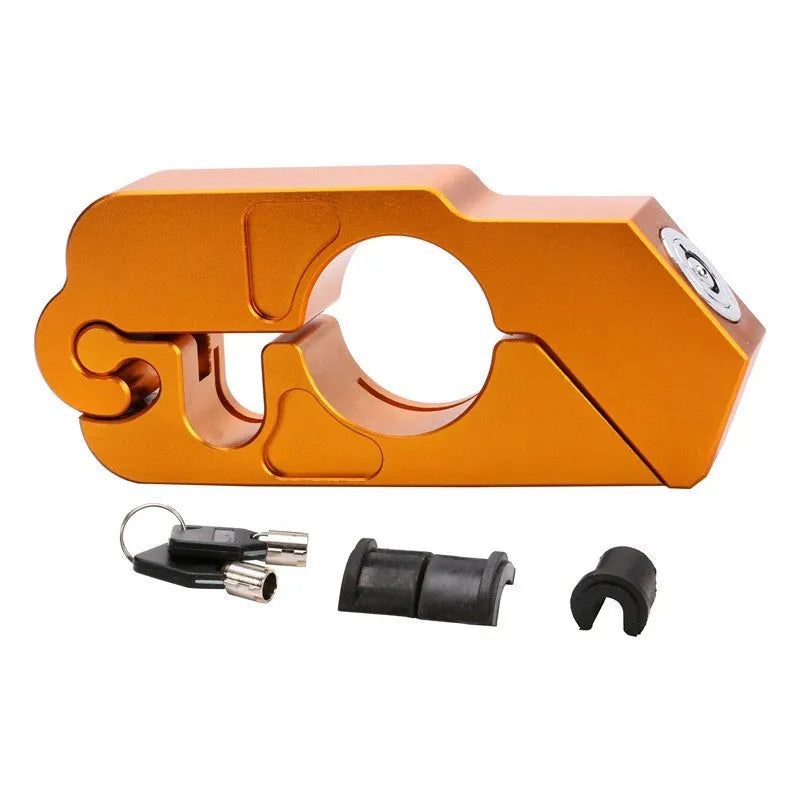 Motorcycle handlebar lock with stainless steel wire attached to front brake lever, available in multiple colours