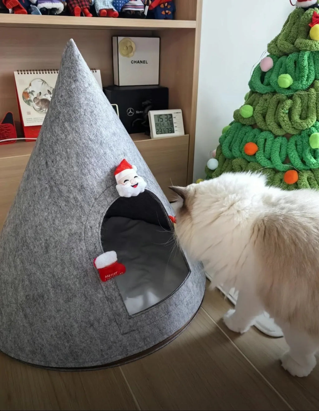 Grey handmade felt cone cat house with enclosed tent design for indoor cats
