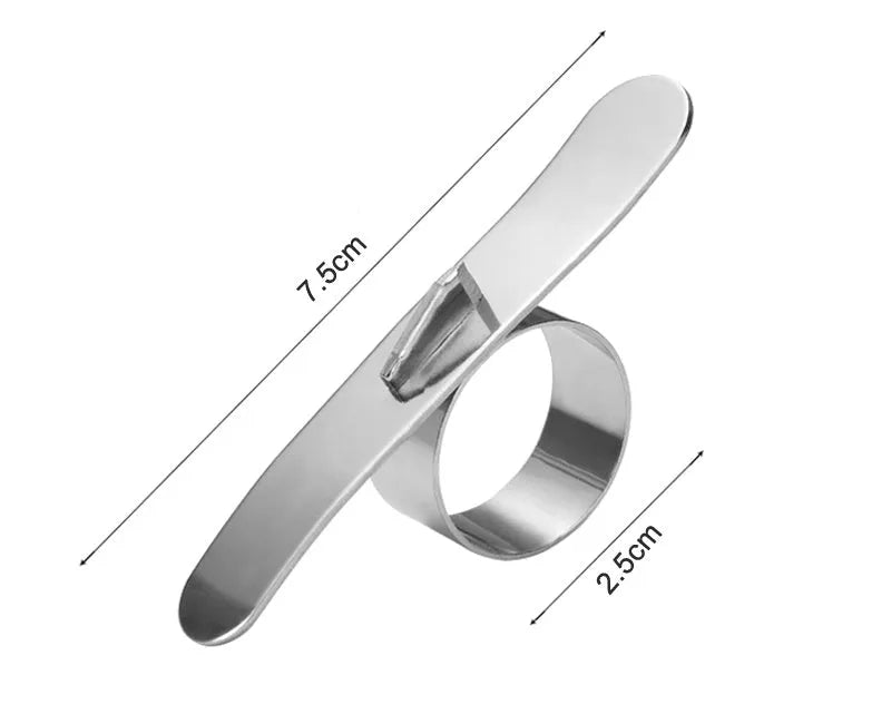 Silver stainless steel kitchen peeler tool with a finger ring for peeling oranges and citrus fruit.