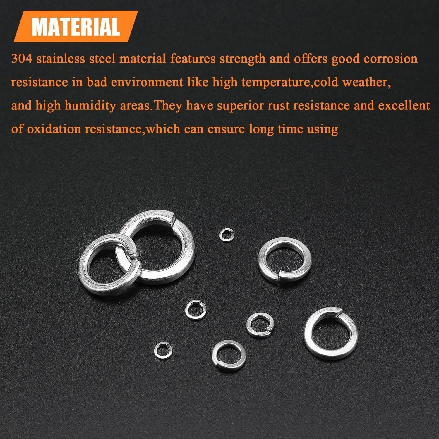 Open box showing assortment of small, silver 304 stainless steel spring lock washers in organised compartments.