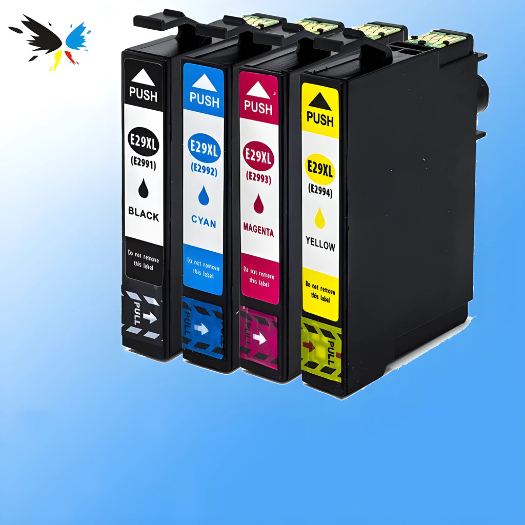 Four compatible ink cartridges for Epson Expression Home XP: black T2991XL 15ml, cyan T2992XL, magenta T2993XL and yellow T2994XL 13ml each.