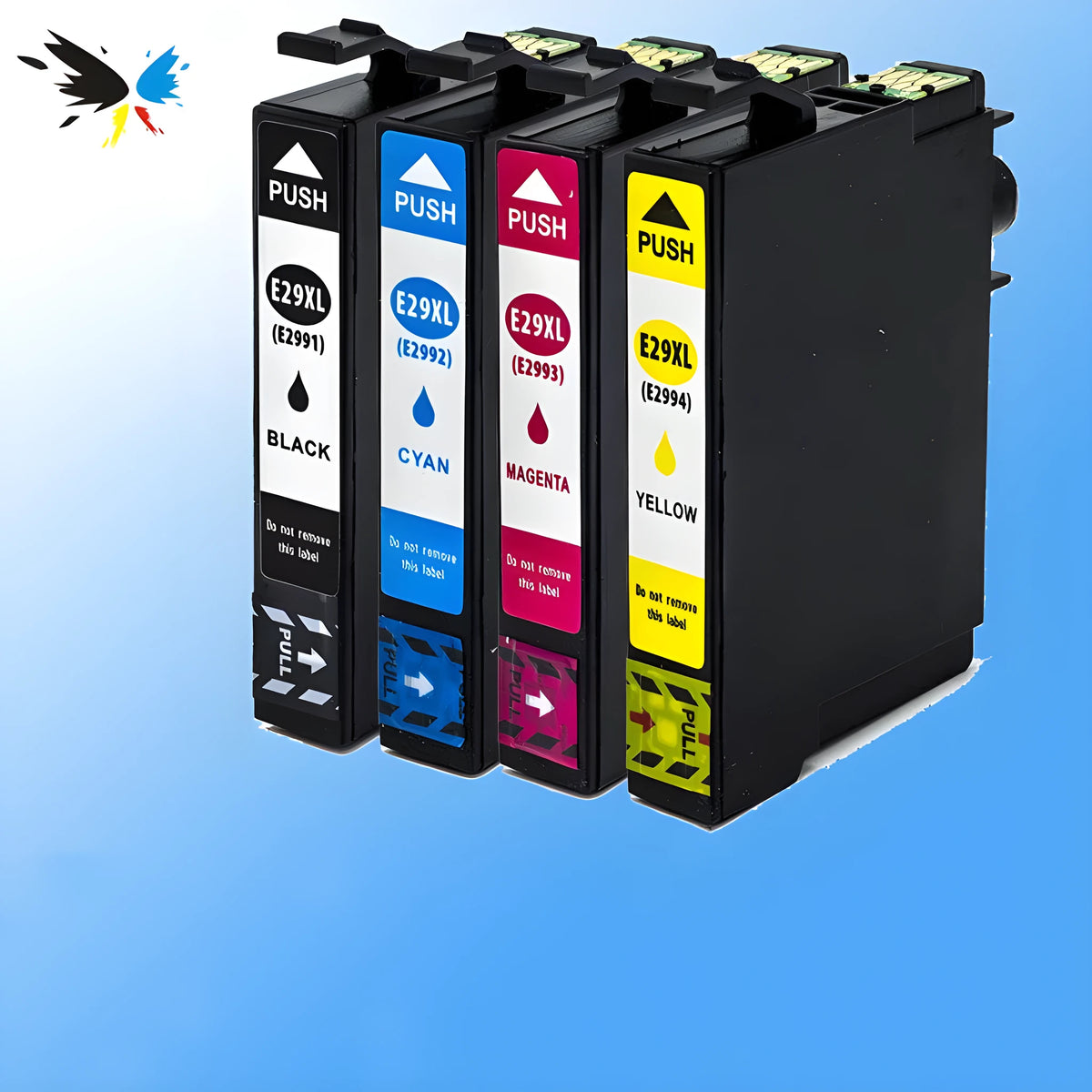 Four compatible ink cartridges for Epson Expression Home XP: black T2991XL 15ml, cyan T2992XL, magenta T2993XL and yellow T2994XL 13ml each.