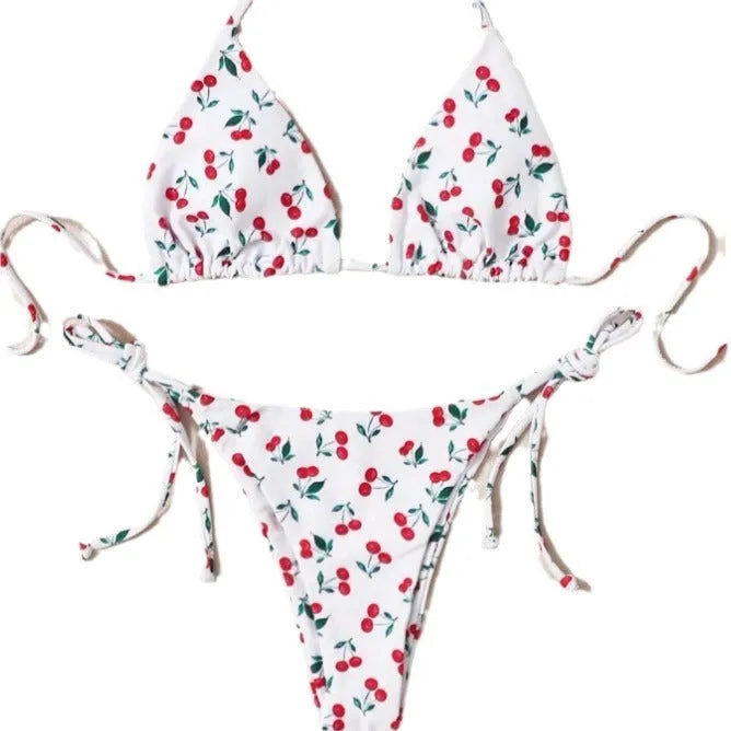 Women's split halter bikini swimsuit in solid colour with backless design and briefs style