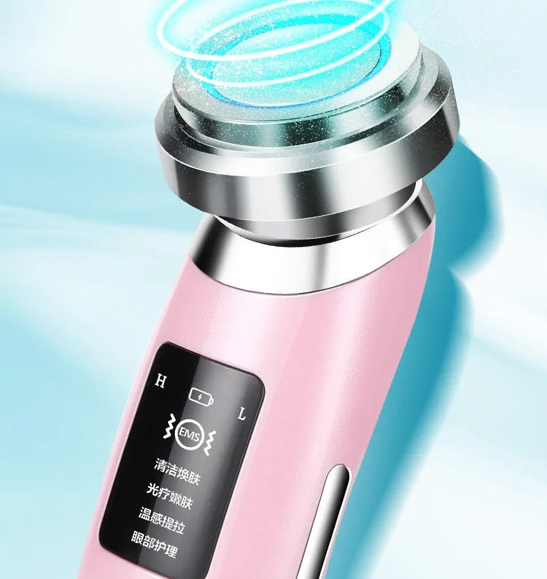 Pink skin rejuvenation instrument handheld facial cleansing beauty device showing dimensions