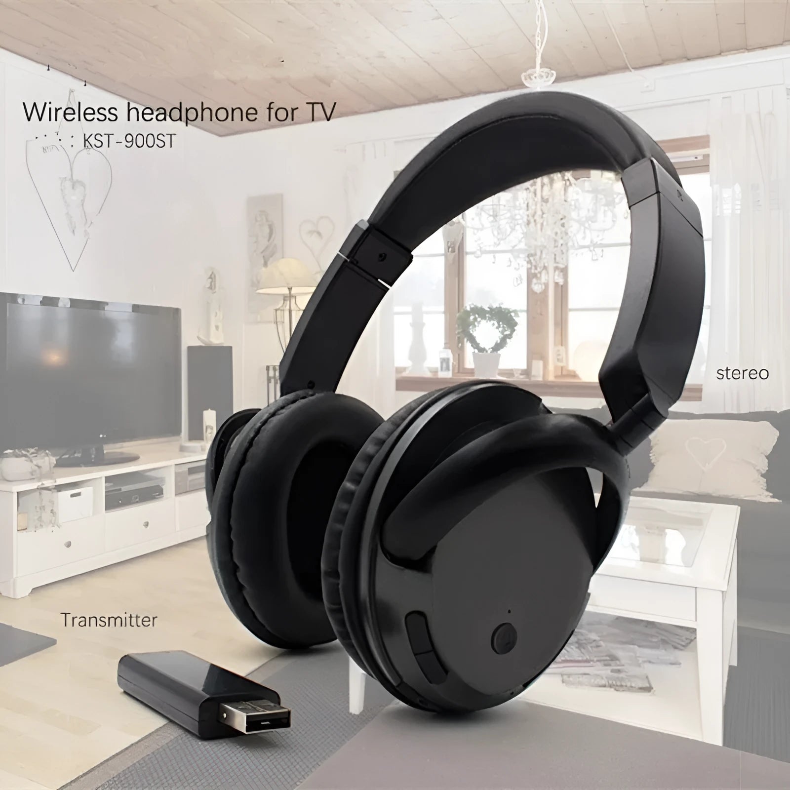 Black wireless stereo headset with USB FM transmitter and audio cable for wired use.