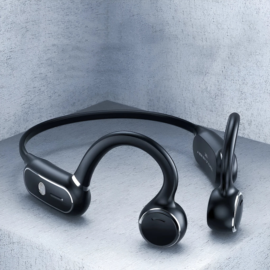 Black open-ear air conduction Bluetooth wireless earphones with a curved titanium alloy frame and touch controls.