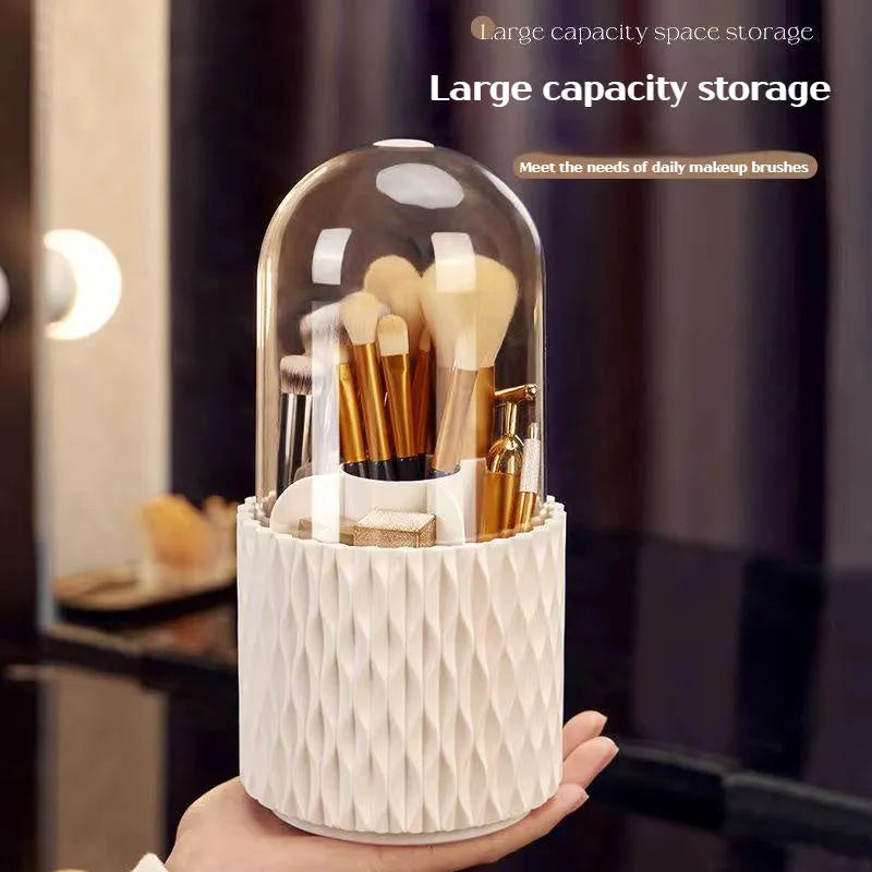 White acrylic makeup brush storage box with transparent cover and rotating base