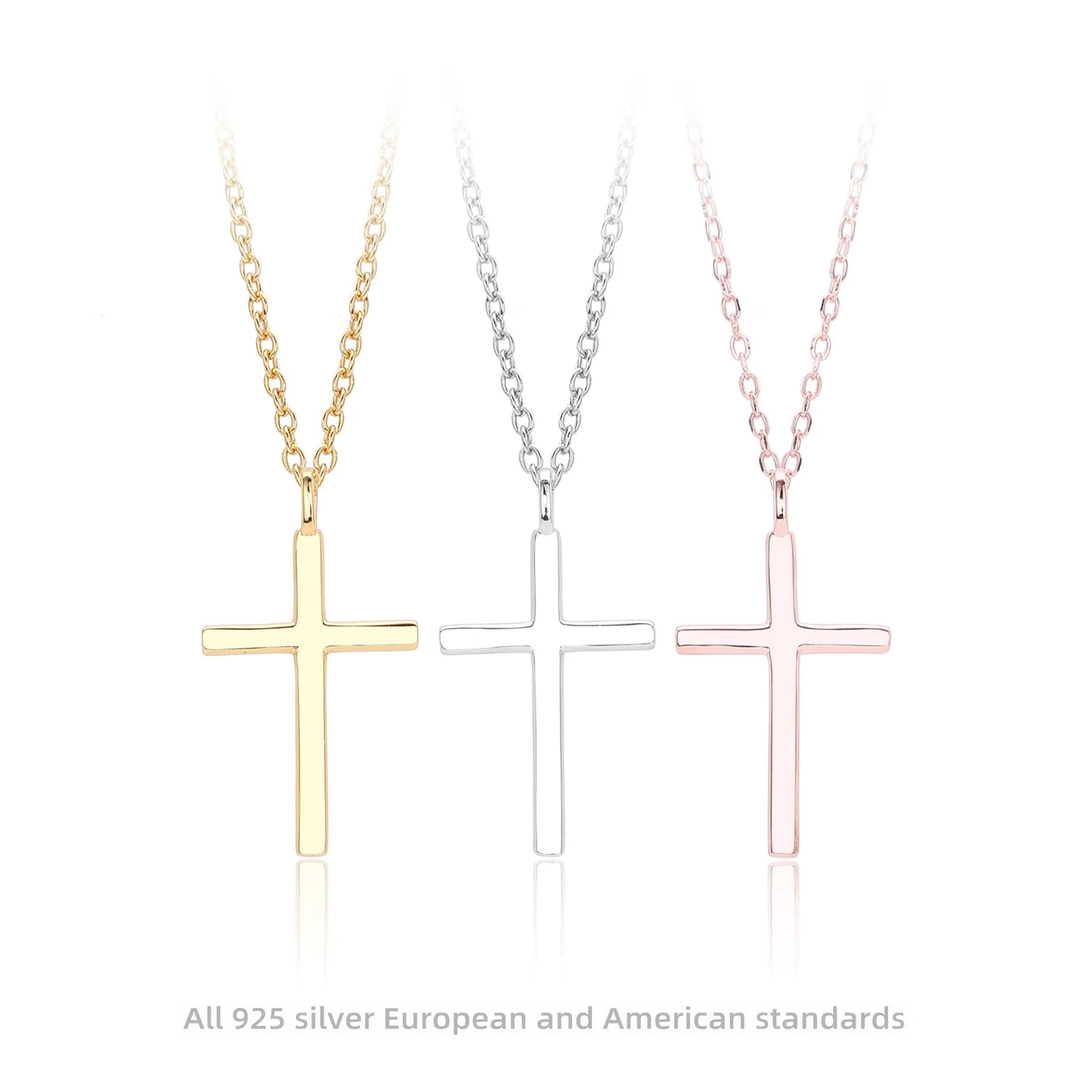 S925 sterling silver necklace with glossy cross pendant on O-shaped chain in gold, platinum or rose gold finish