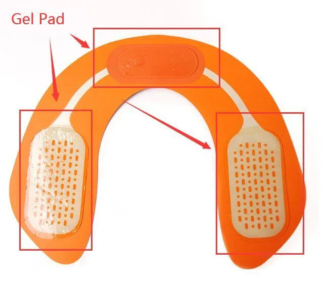 Compact EMS hip muscle training stimulator device with adhesive gel pads for buttocks and abdomen.