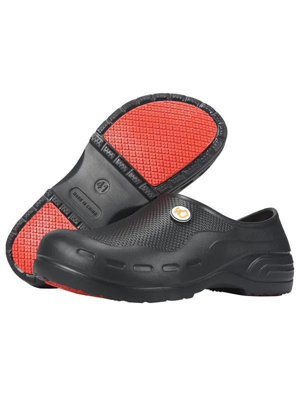 Men's non-slip work shoes in orange and black with PU upper and rubber sole