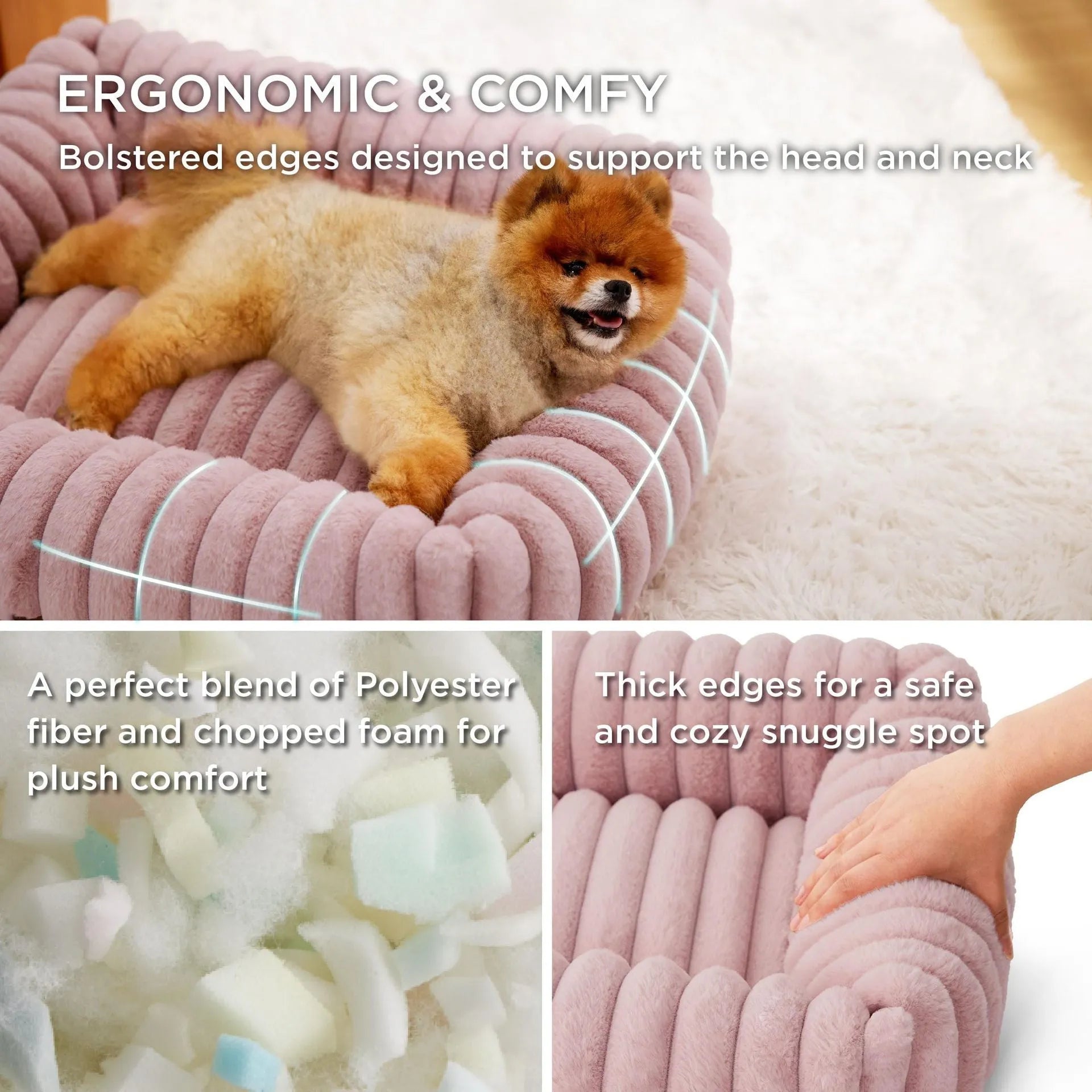 Beige raised cushion pet bed for a medium-sized dog on a wooden floor.