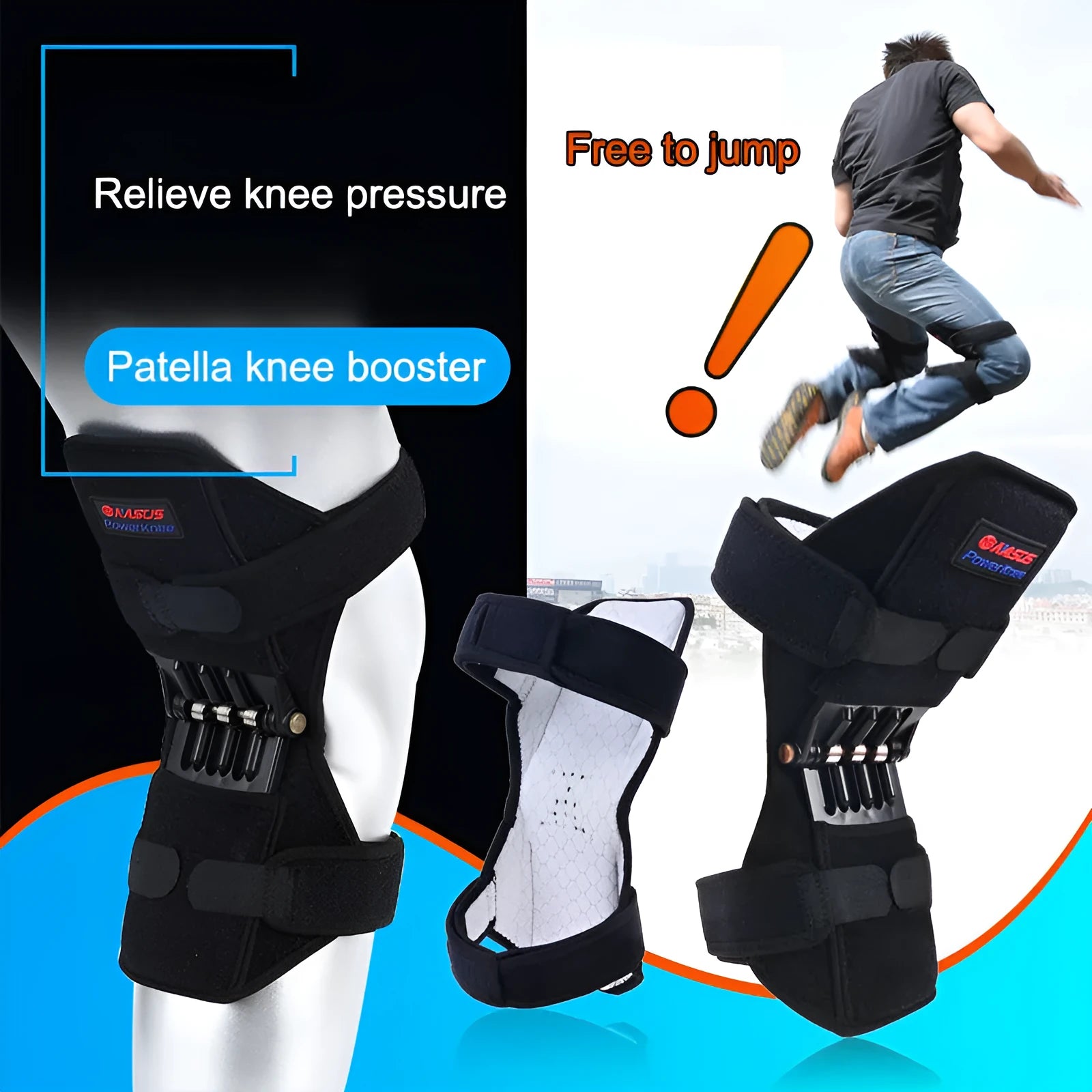 Adjustable knee brace with patella booster spring system for mountaineering and sports support