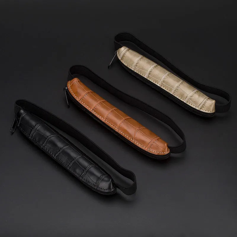 Long style PU leather pencil case in beige grey, showing 16.5cm length and plain design.