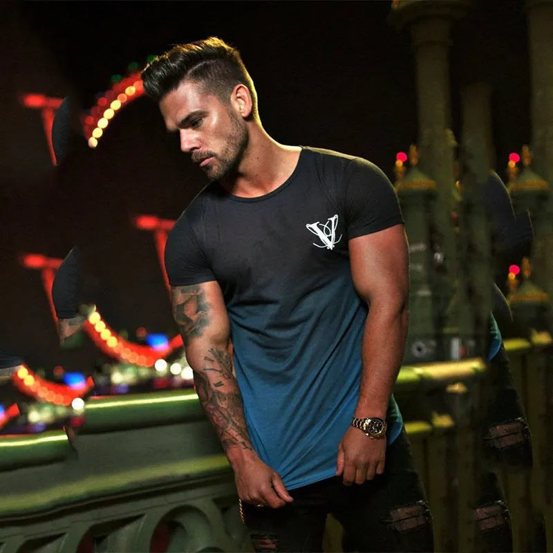 Cotton muscle fitness top in black yellow, black red, black blue, or white, sizes M to XXL