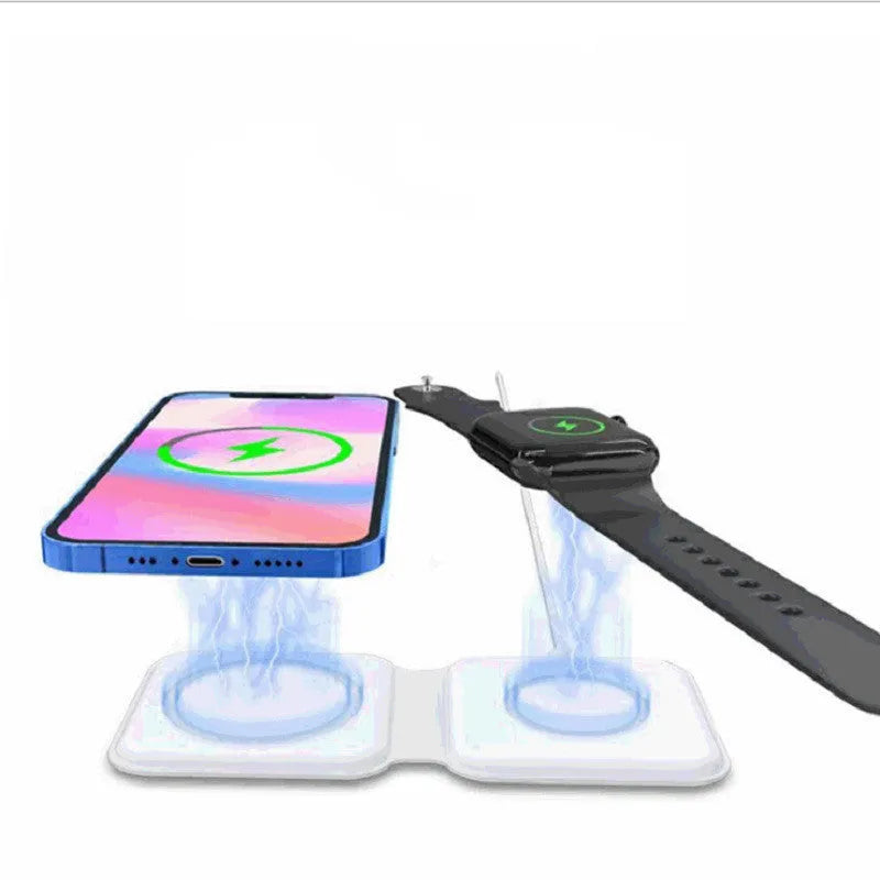 White folding magnetic wireless charging dock in stand mode with phone and earbuds case charging