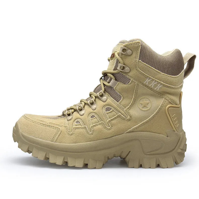 Men's black US Army Delta tactical boots with leather and velvet uppers on an outdoor trail.