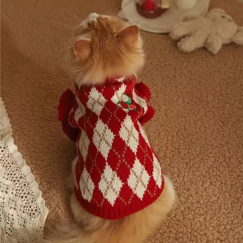 Red cat sweater with rhombic embroidery cherry pattern showing size options for pet clothing