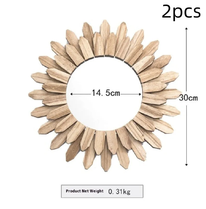 European-style round solid wood hanging mirror with a baked colour finish on a wall.