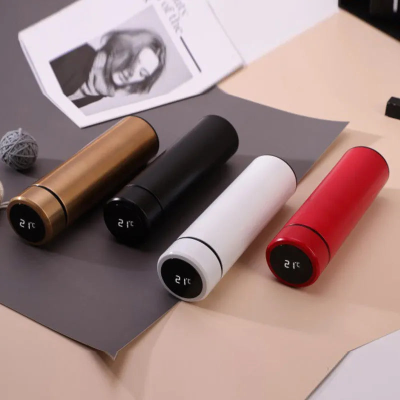 Stainless steel vacuum flask with LED touch display showing temperature, 500ml capacity, 304 stainless steel construction, gold colour