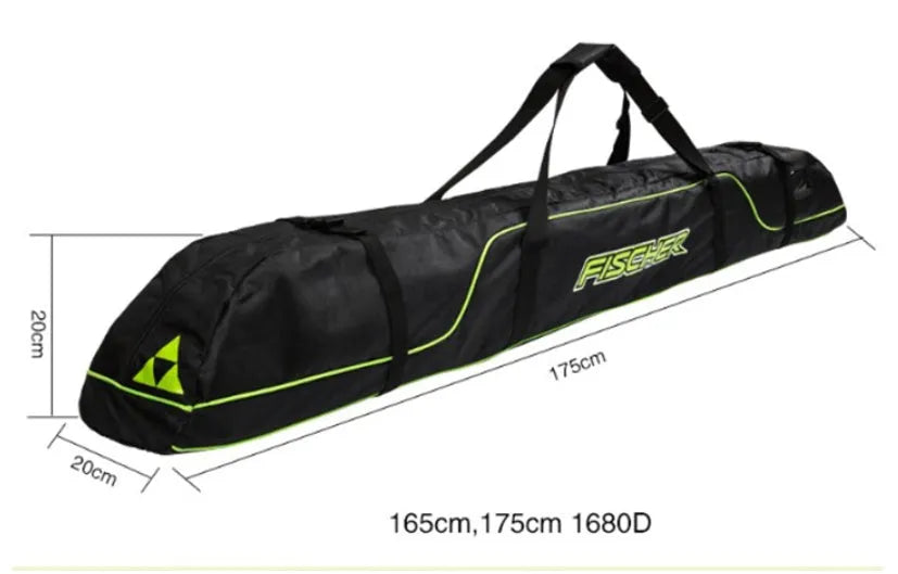 Ski gear bag made from waterproof Oxford fabric shown in open position with ski equipment inside