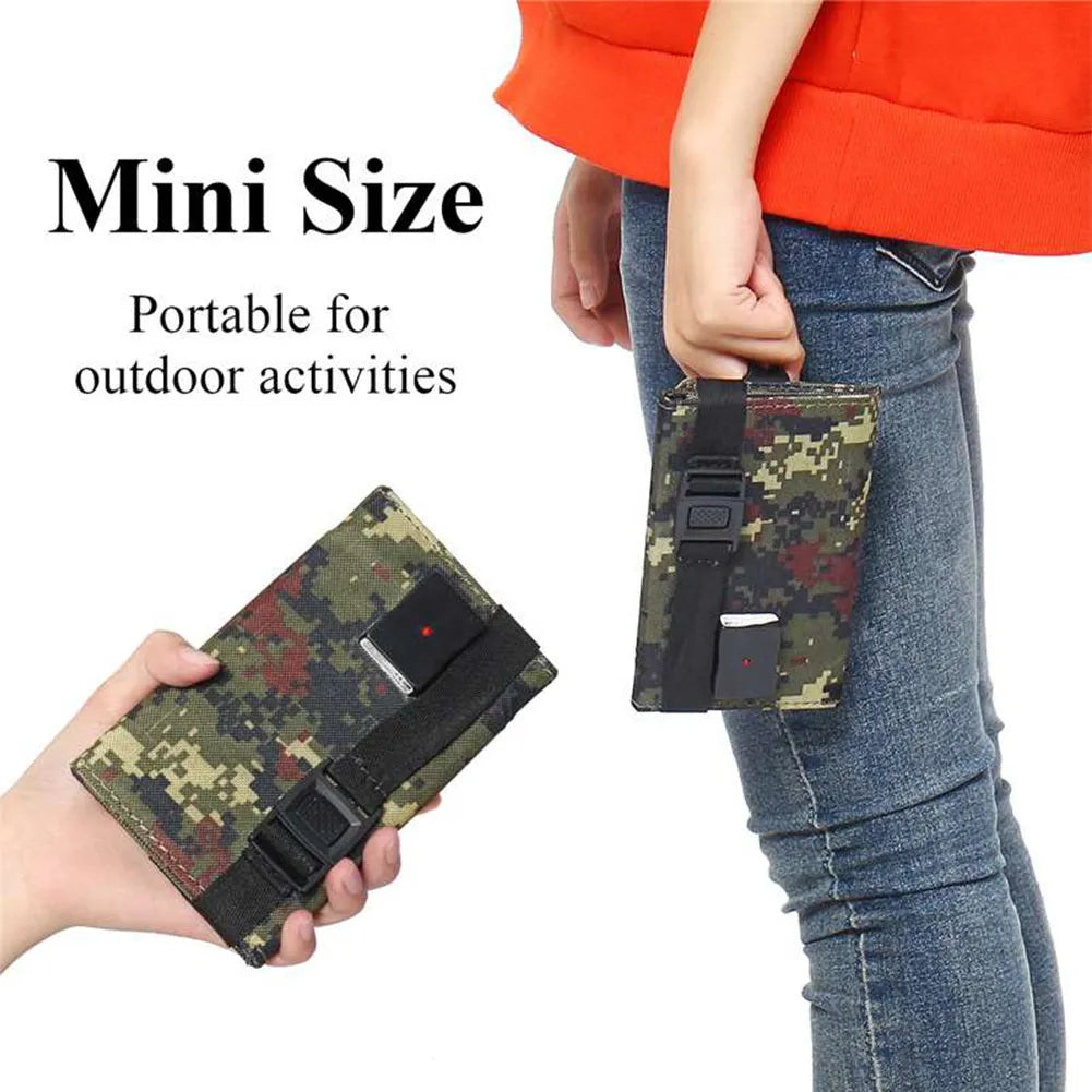 20W solar folding bag in camouflage pattern, folded and expanded, with USB output port, for outdoor charging