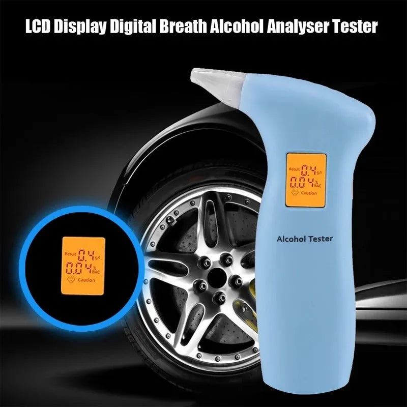 Portable orange LED breath alcohol tester with four spare mouthpieces on a black background.