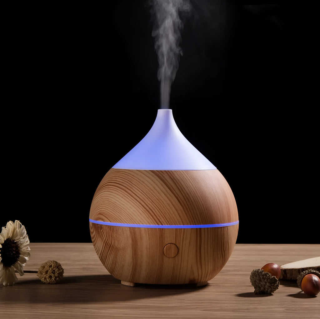 200ml PP ultrasonic aromatherapy humidifier with hollow seven colour lamp, 12.9cm diameter, 15cm height, wood grain finish