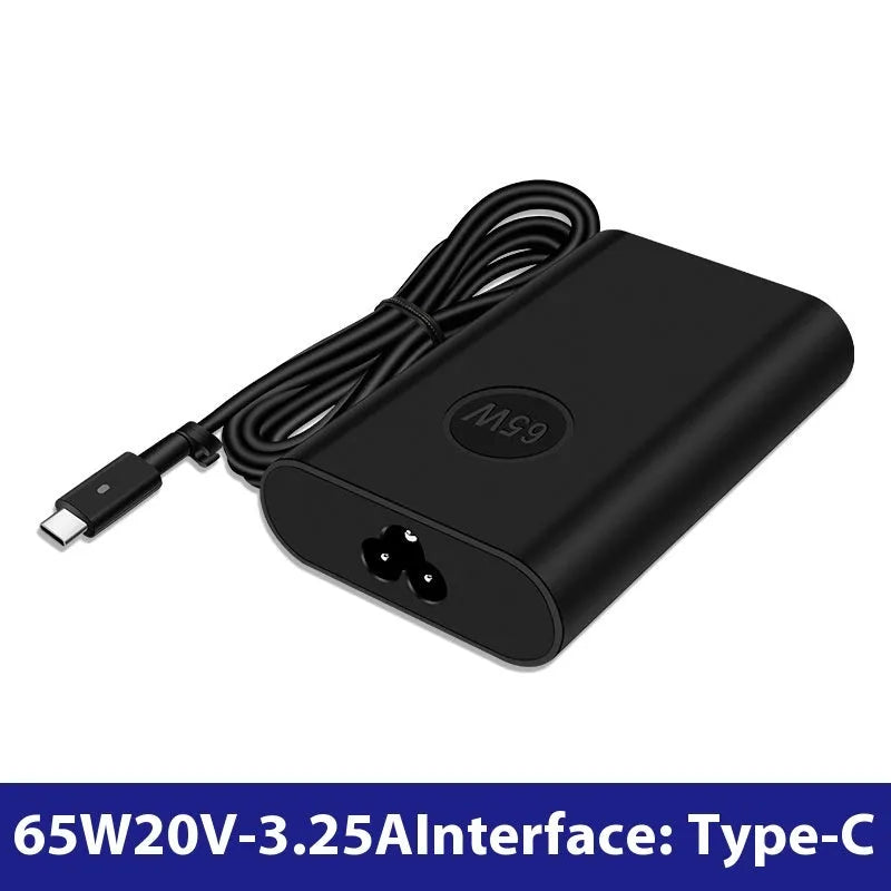 Black 65W USB-C laptop power adapter with multiple international plug attachments on white background