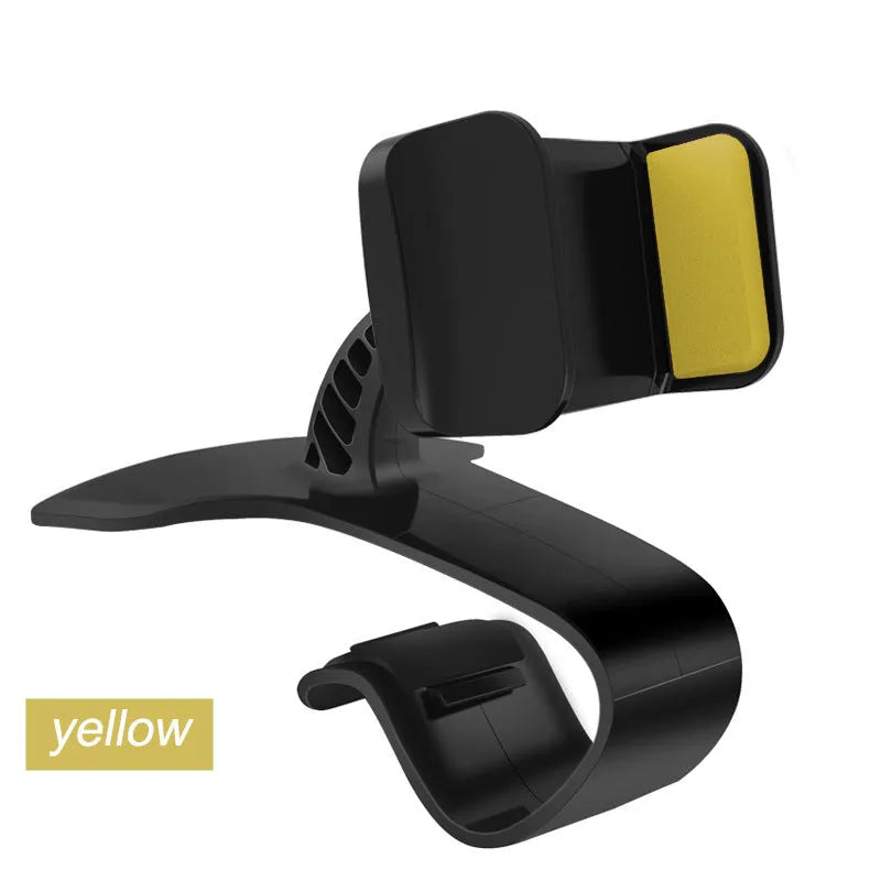 Dashboard car phone holder with silicone-grip bracket mounted on vehicle dashboard edge holding a smartphone