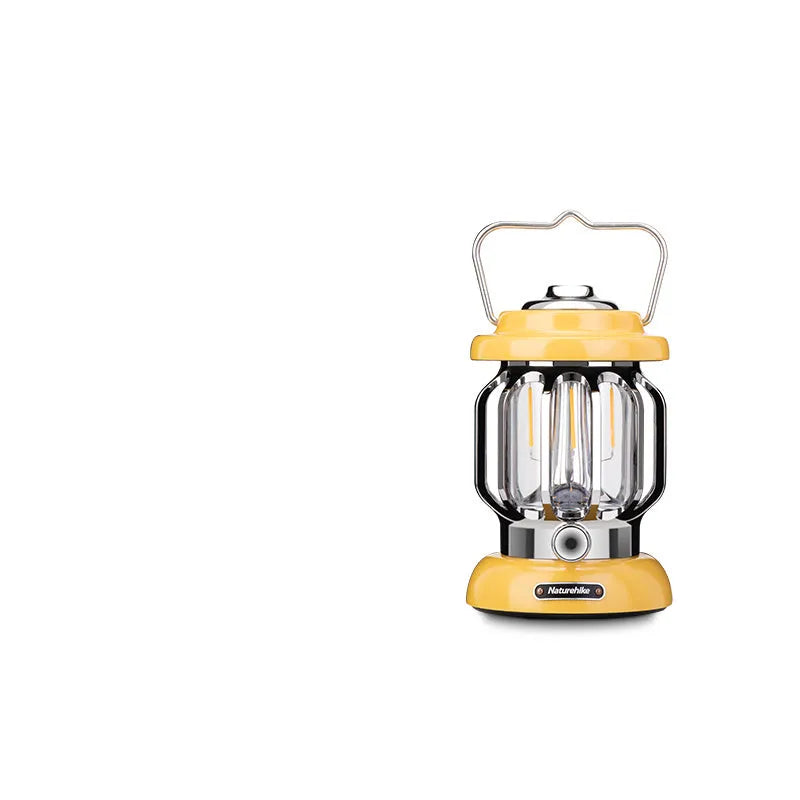 Sundial Yellow portable LED camping lantern with 5000mAh battery, Type-C charging, and dimmable 0-130Lm light output
