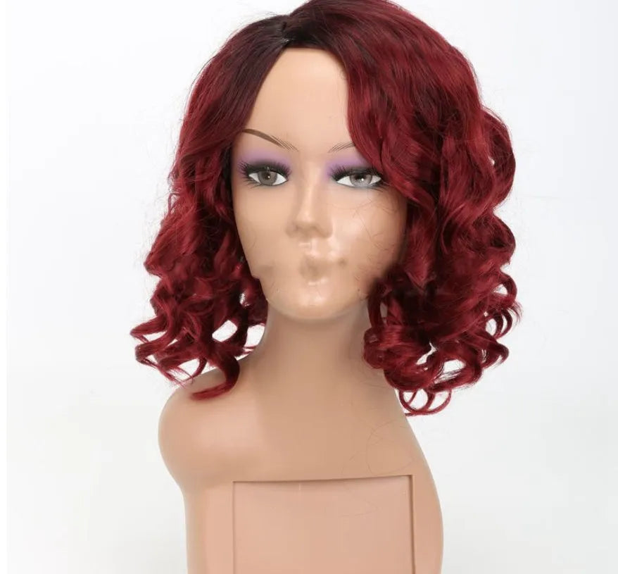 European Beauty wig headgear wine red 12inch full mechanism oblique bangs front view