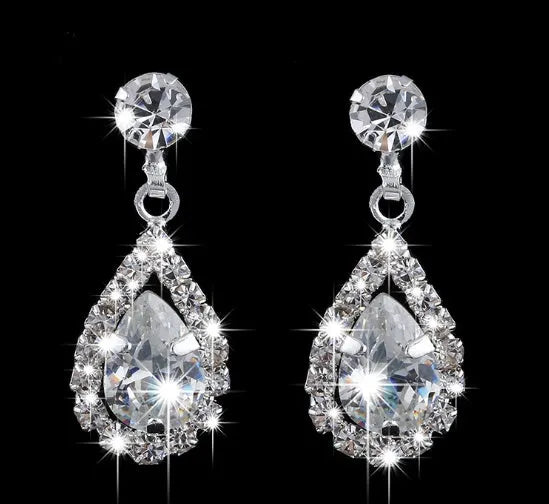 Silver alloy water drop zircon pendant necklace with rhinestone accents and matching earrings two piece set