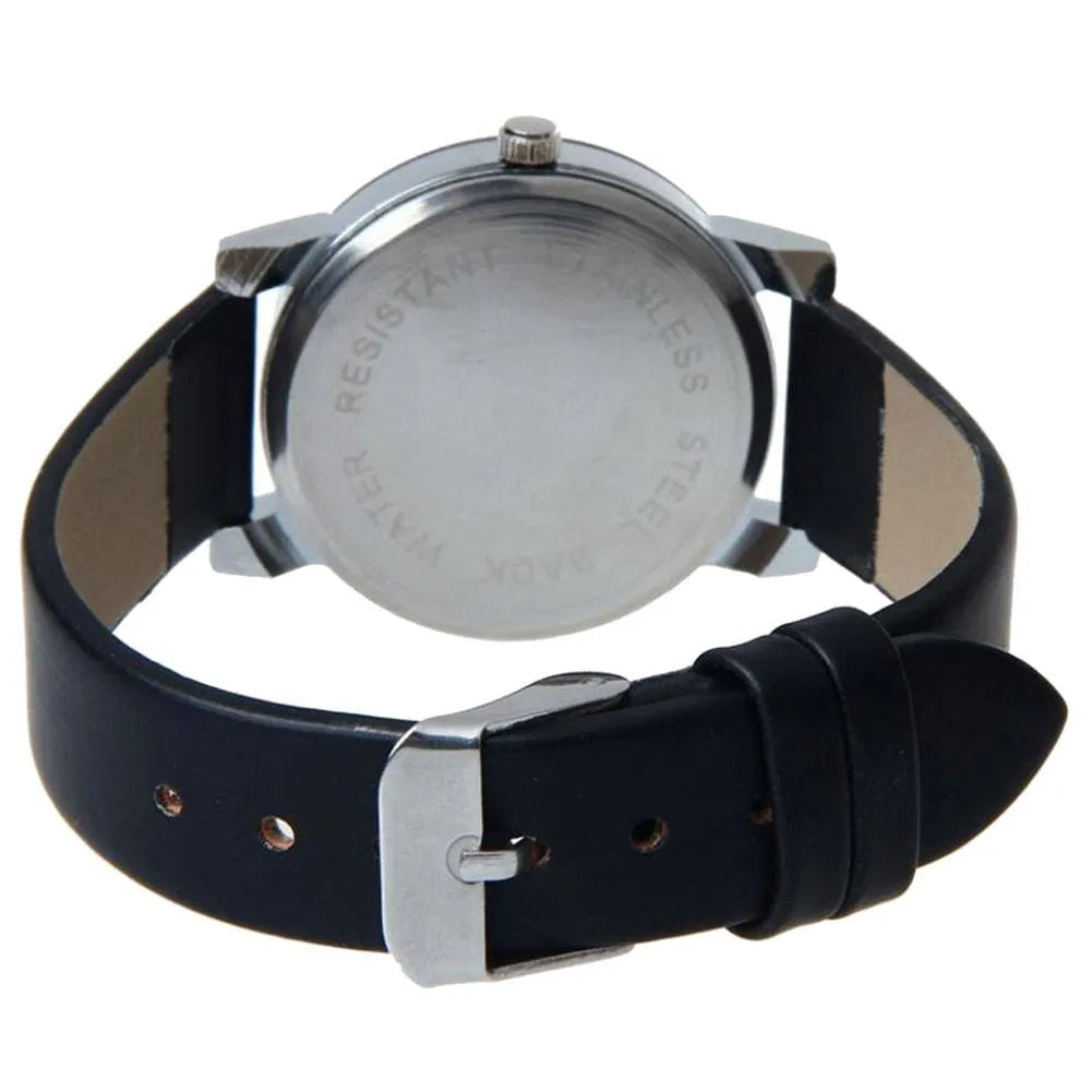 Black convex meridian belt watch with alloy case, PU leather band, glass dial, and analog display