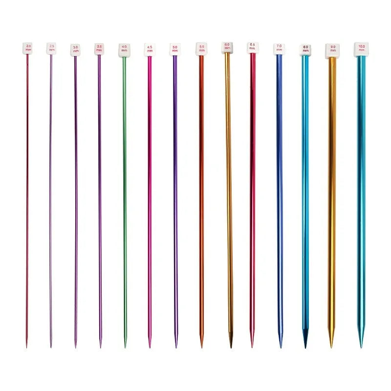 Set of aluminium crochet hooks with extended handles and protective caps, showing multiple sizes from 2.0mm to 10.0mm