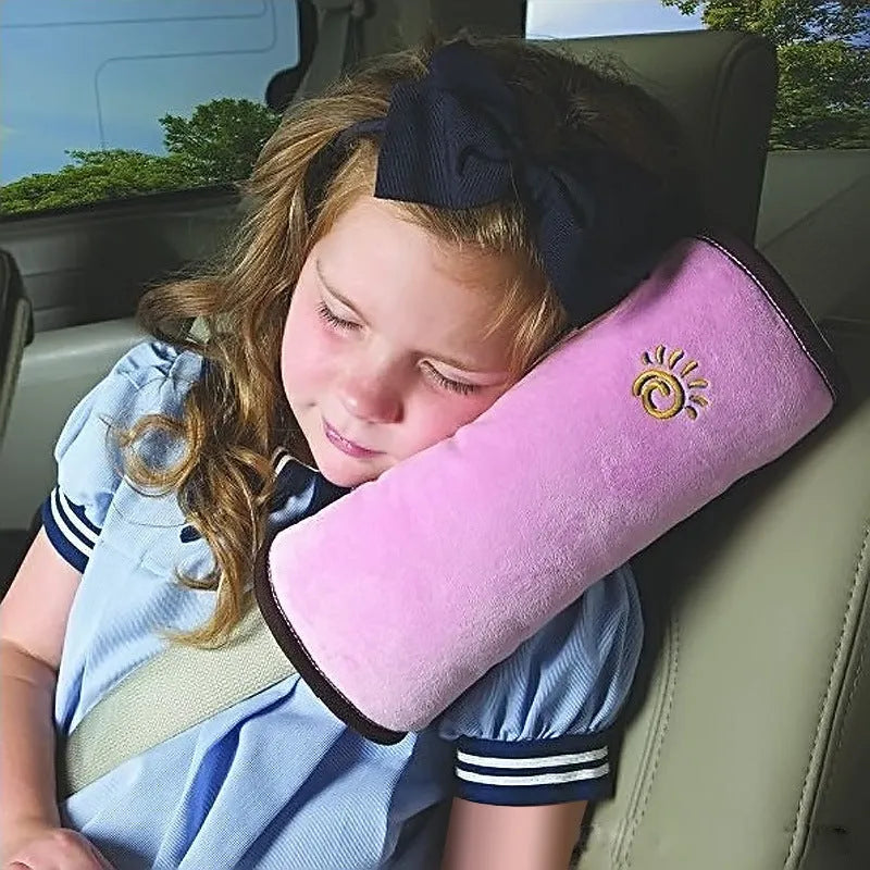 Children car pillow in microsuede fabric attached to a seatbelt, grey colour, 28.5cm by 9cm by 12cm