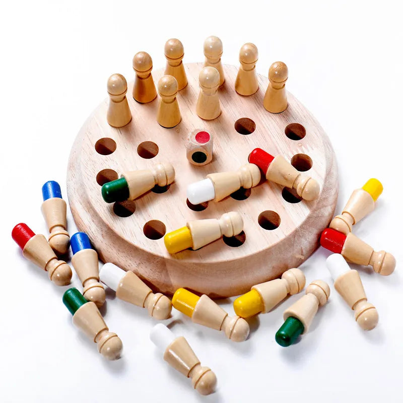 Wooden memory chess game for children with beech wood board and pieces for colour recognition learning
