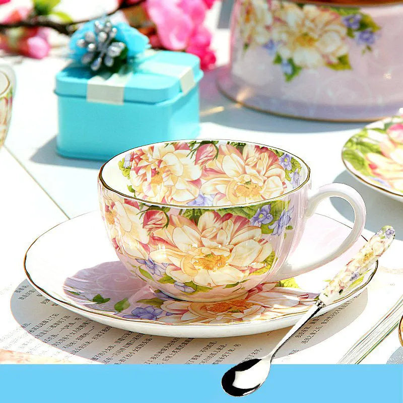 European porcelain coffee cup and saucer set with pastoral style pattern in assorted colours