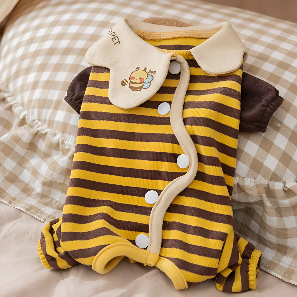 Dog pajama suit with yellowish-brown bee pattern on stripes, four-legged design, and lapel collar for small pets