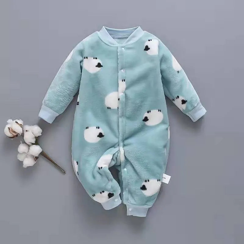 Long sleeve baby onesie romper in thicker flannel fabric with panda print design