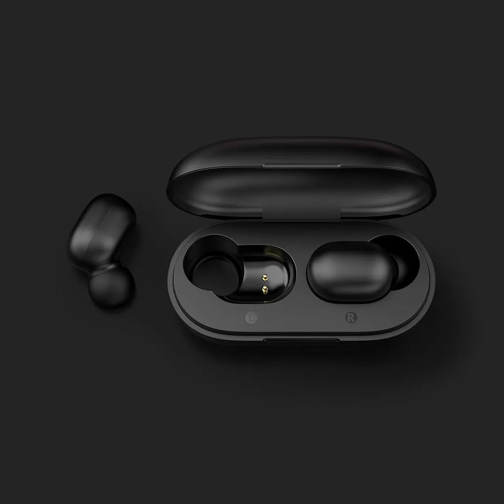 Black true wireless Bluetooth earbuds showing separate left and right units without connecting cables