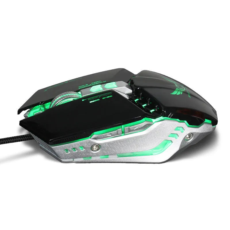 Gold wired gaming mouse with braided USB cable, 3200dpi sensor, and 8 programmable buttons on a desk