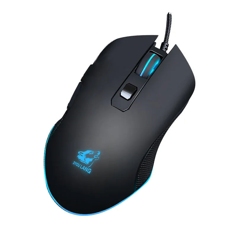 Black wired macro definition gaming mouse with RGB backlight and ergonomic shape on a desk