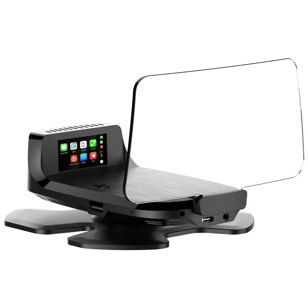 Black car HUD head-up display projector unit for OBD connection and windscreen projection.