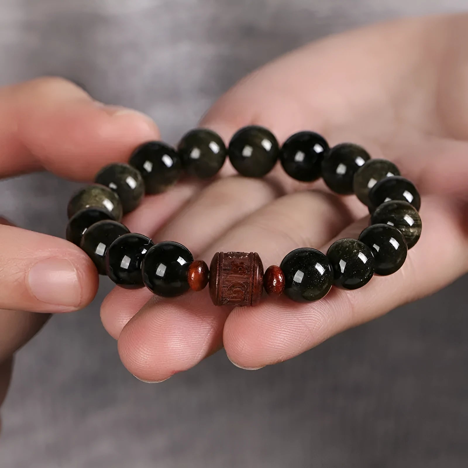 Hand-woven vintage bracelet with 10mm golden obsidian beads in retro style with national design elements