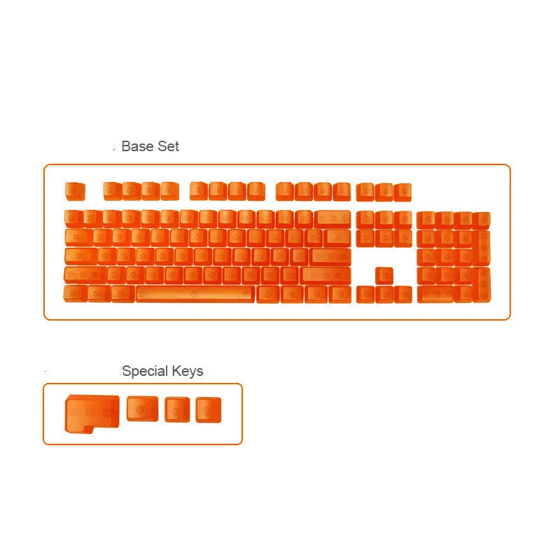 Set of 104 transparent PBT mechanical keyboard keycaps in orange, white, blue, and black colours on a white background.