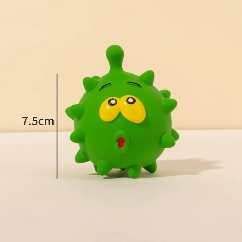 Set of four colourful latex squeaky dog balls with cute faces, each measuring 7.5cm.